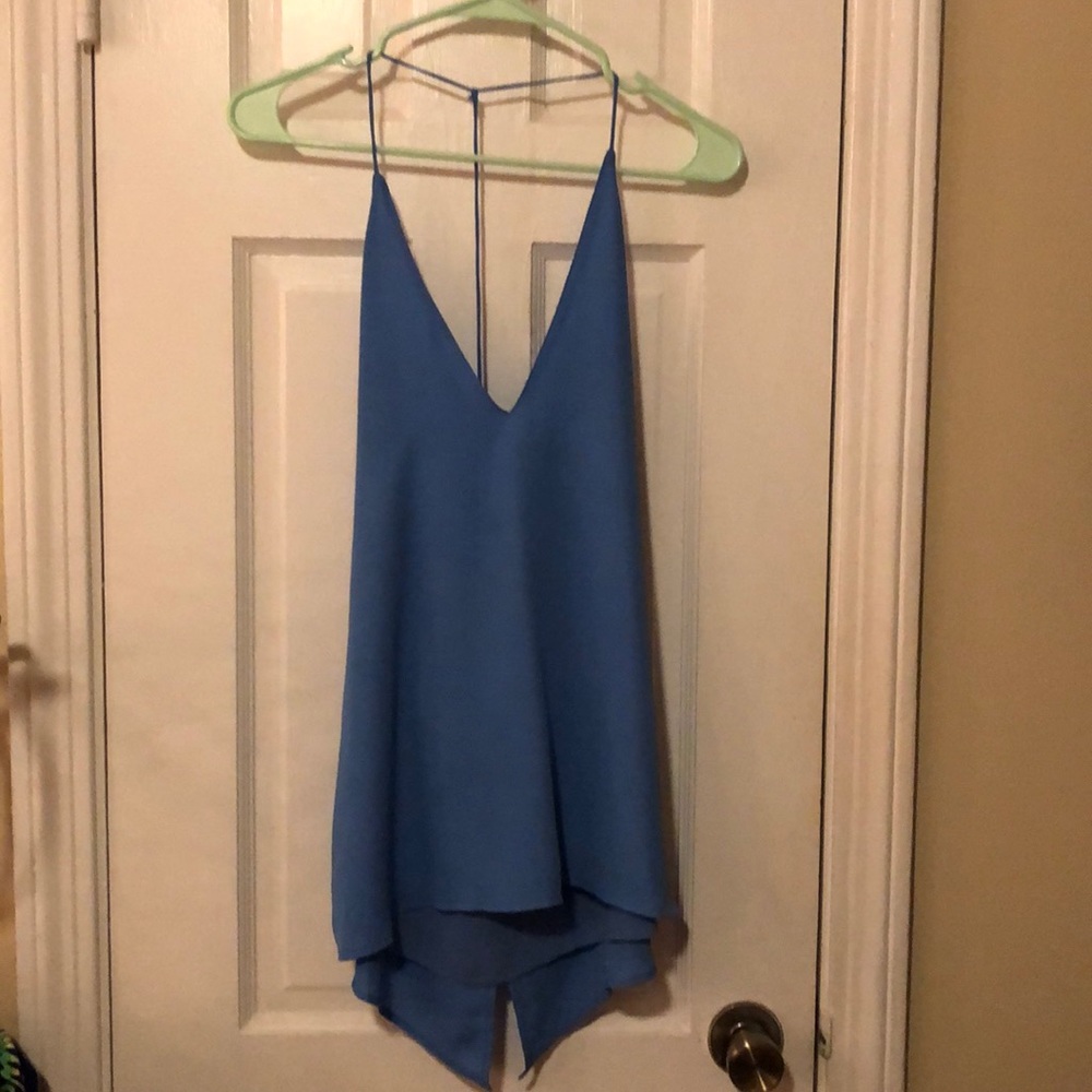 Blue tank top, open back